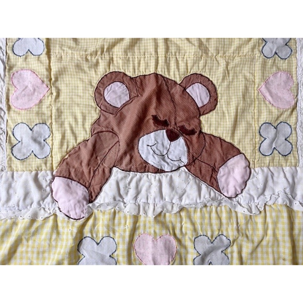 Vintage Teddy Bear sleeping yellow gingham blanket - Picture 3 of 4